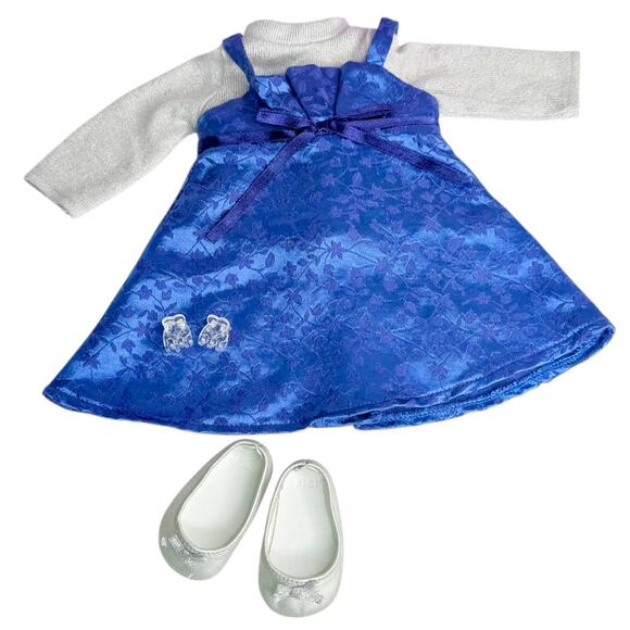 American Girl Sapphire Party Outfit Blue Dress Silver Shoes Sweater Hair Clips - Picture 10 of 11